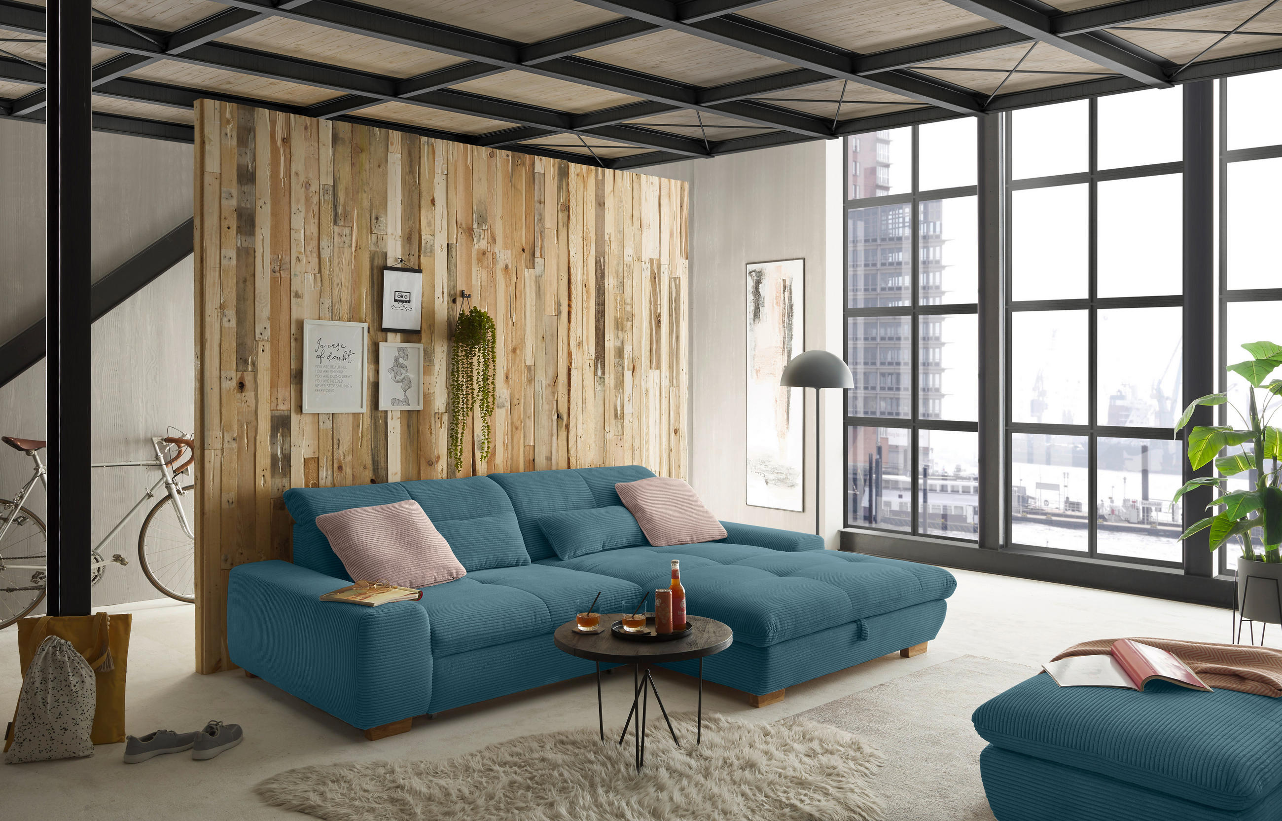 ECKSOFA Blau Cord  - Blau/Eichefarben, Design, Holz/Textil (276/198cm) - SetOne by Musterring
