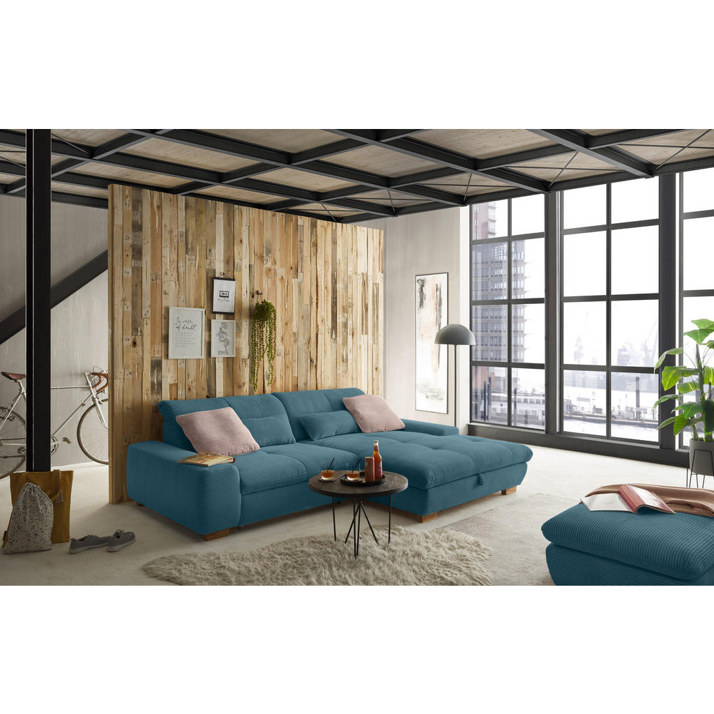 Thumbnail - SetOne by Musterring Ecksofa, Blau, Textil, Eiche, massiv, 2-Sitzer, Ottomane rechts, L-Form, 276x198 cm, Bettkasten erh...