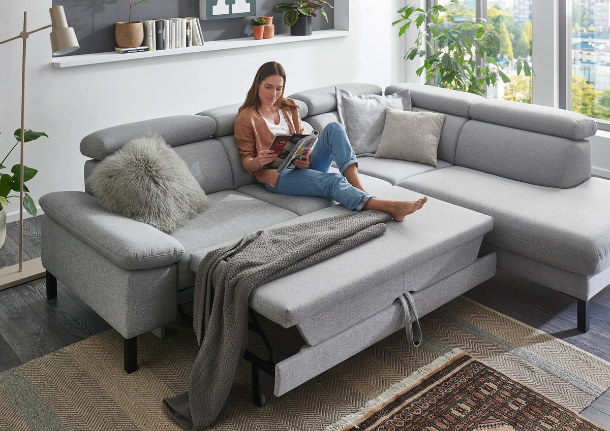 ECKSOFA inkl. Funktionen 830 Hellgrau Flachgewebe  - Hellgrau/Schwarz, Design, Textil/Metall (272/217cm) - Pure Home Comfort