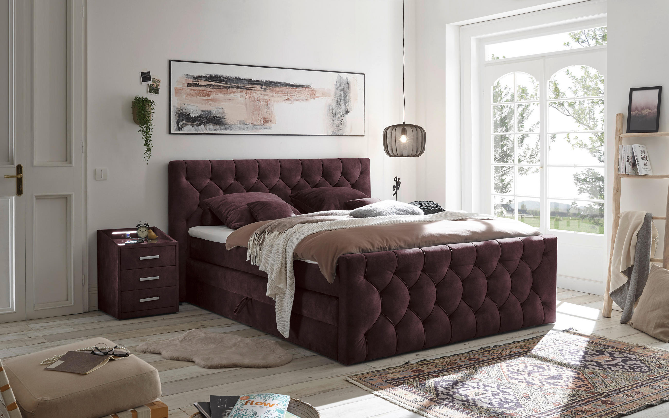 BOXSPRINGBETT 180/200 cm  in Aubergine  - Aubergine/Schwarz, MODERN, Holzwerkstoff/Kunststoff (180/200cm) - MID.YOU