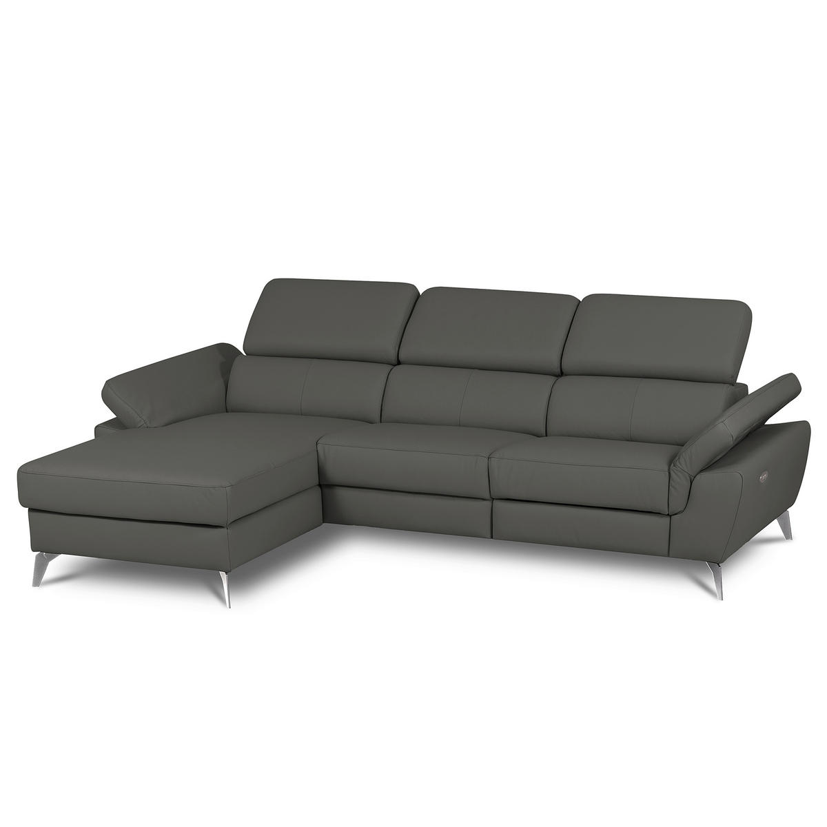 ECKSOFA  in Lederlook Echtleder Anthrazit Rücken echt, Armteilverstellung, Relaxfunktion, Kopfteilverstellung  179/252 cm  - Chromfarben/Anthrazit, Design, Leder/Textil (179/252cm) - Livetastic