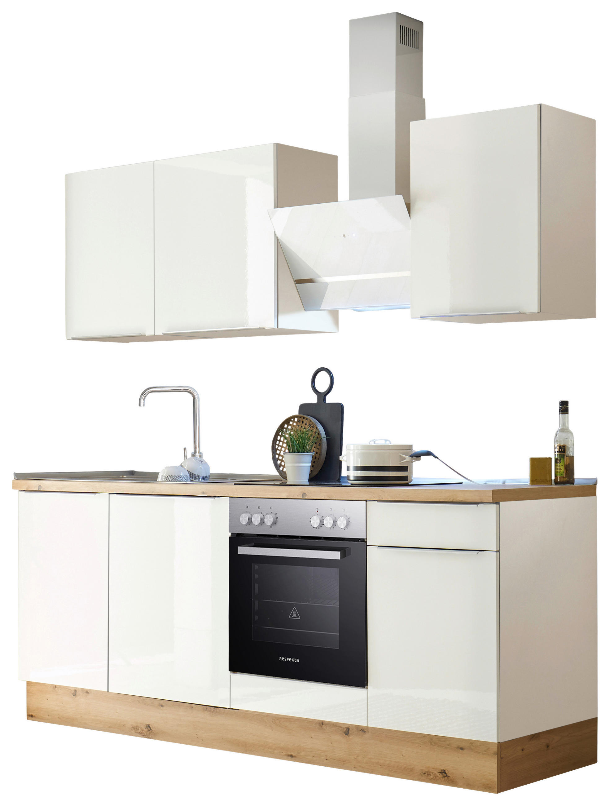 KÜCHENBLOCK 220 cm   in Weiß, Weiß Hochglanz  - Weiß Hochglanz/Alufarben, LIFESTYLE, Holzwerkstoff/Kunststoff (220cm) - Respekta