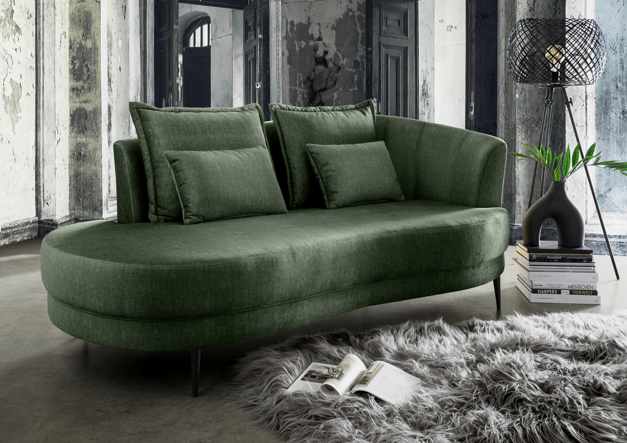 OTTOMANE in Velours Dunkelgrün  - Dunkelgrün/Schwarz, Modern, Textil/Metall (211/85/102cm) - Livetastic