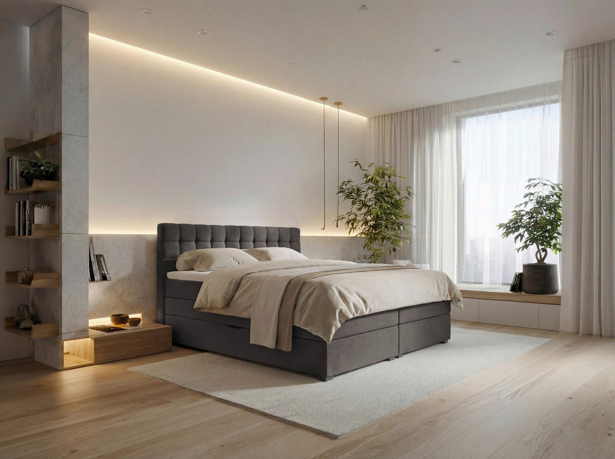 BOXSPRINGBETT 160/200 cm,  in Dunkelgrau, Bettkasten, Topper, Matratzen, H3 = fest  - Dunkelgrau/Schwarz, KONVENTIONELL, Kunststoff/Textil (160/200cm) - Boxxx