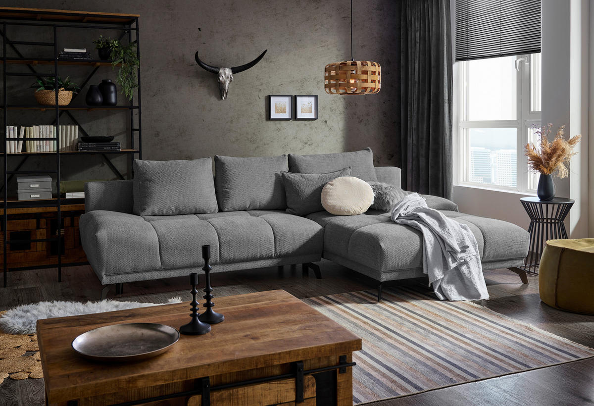 ECKSOFA in Chenille Grau, Dunkelgrau  - Dunkelgrau/Schwarz, Modern, Textil/Metall (290/182cm) - Hom`in