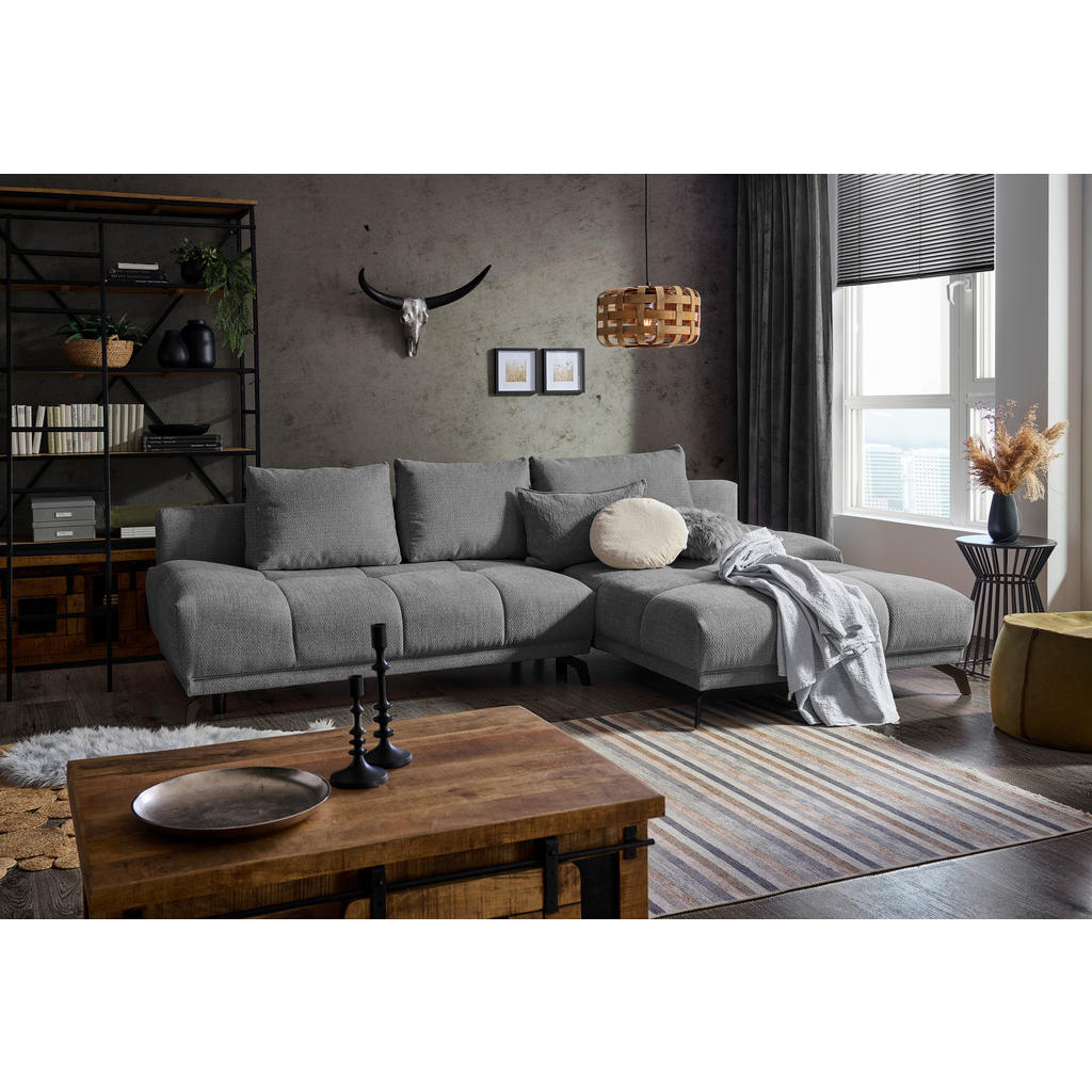 Thumbnail - Hom`in Ecksofa, Grau, Dunkelgrau, Textil, 5-Sitzer, Füllung: Schaumstoff, Ottomane rechts, L-Form, 290x182 cm, Stoffausw...