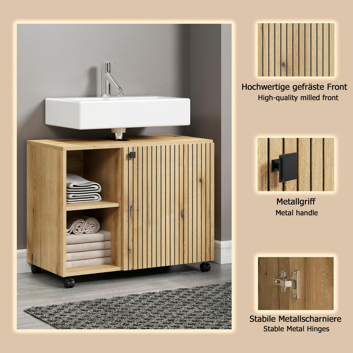 WASCHBECKENUNTERSCHRANK 80/64/42 cm  - Eichefarben/Schwarz, Trend, Holzwerkstoff/Kunststoff (80/64/42cm) - MID.YOU