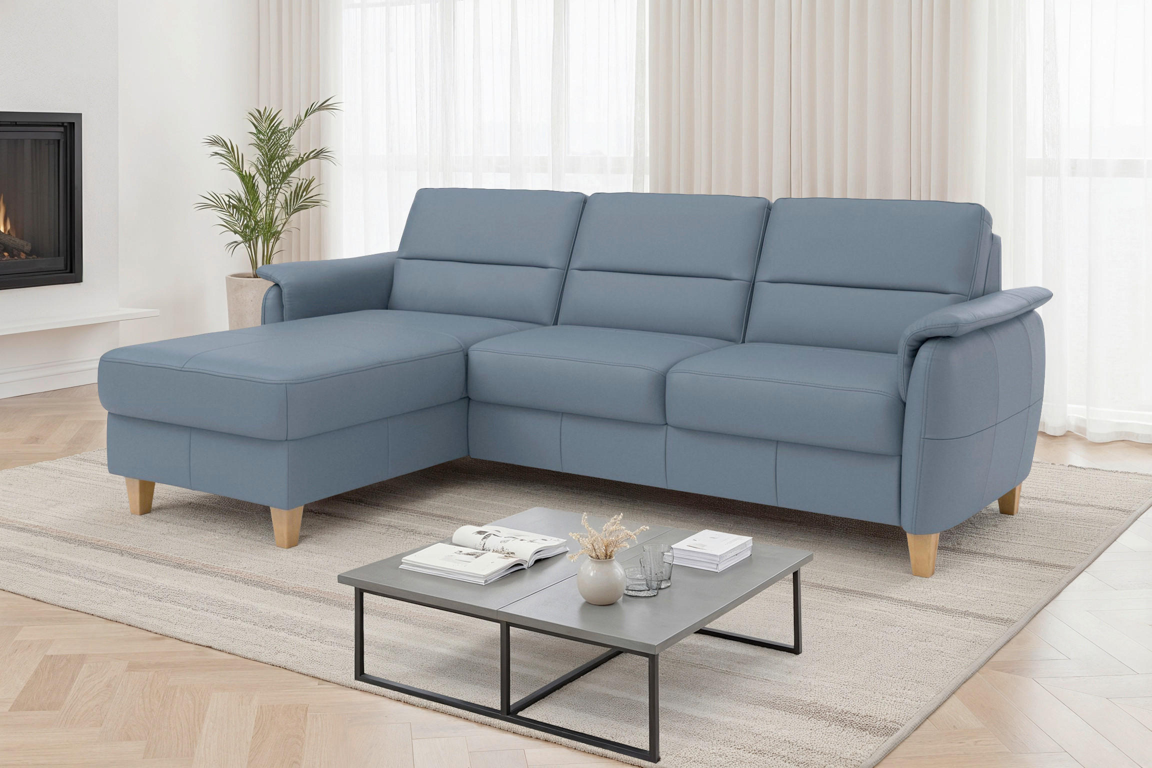 ROHOVÁ SEDAČKA, koža, sivomodrá - sivomodrá/farba duba, Basics, koža/drevo (163/244cm) - Sit & More