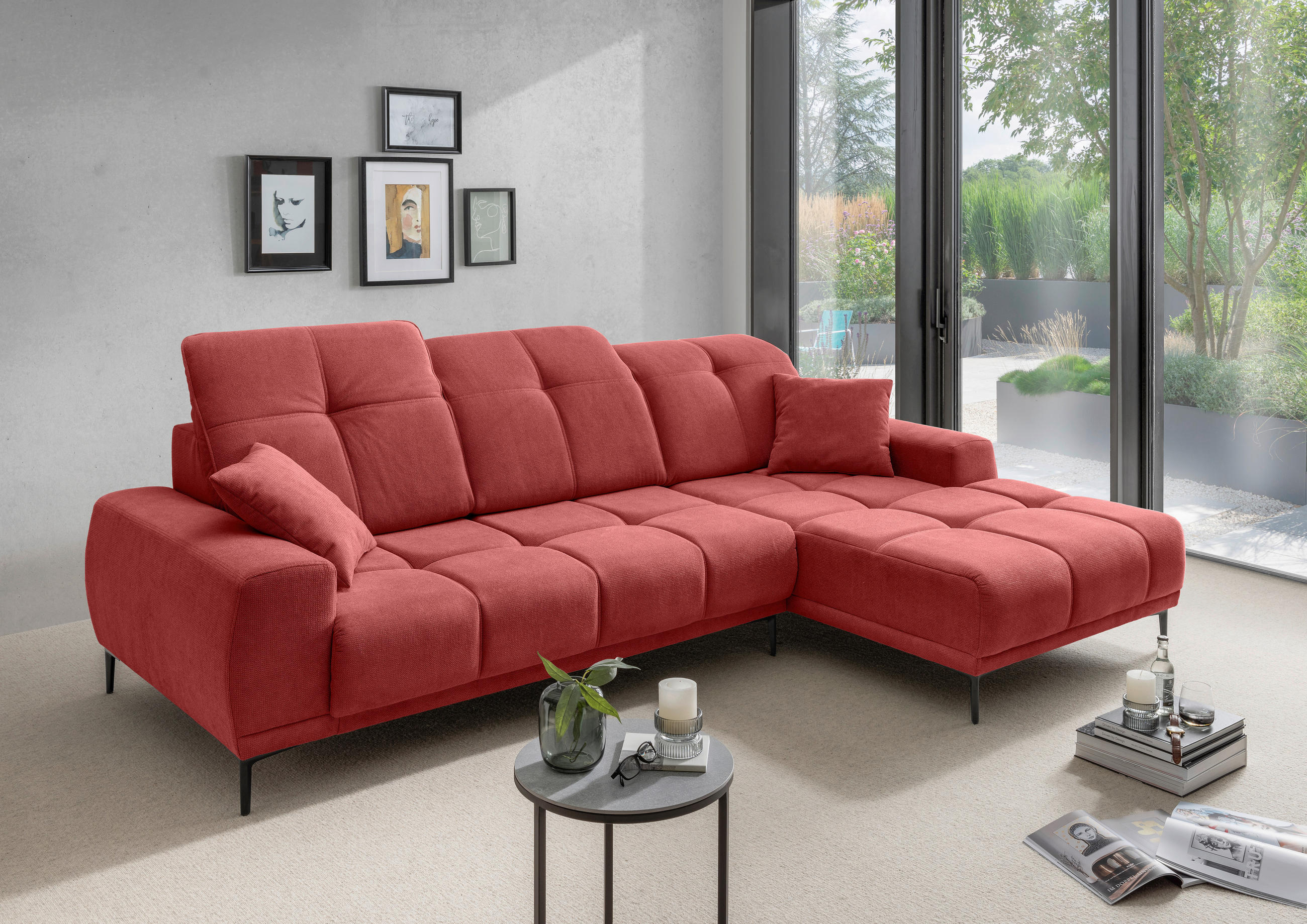 ECKSOFA NESTO in Chenille Rot  292/187 cm  - Rot/Schwarz, Basics, Textil/Metall (292/187cm) - Livetastic