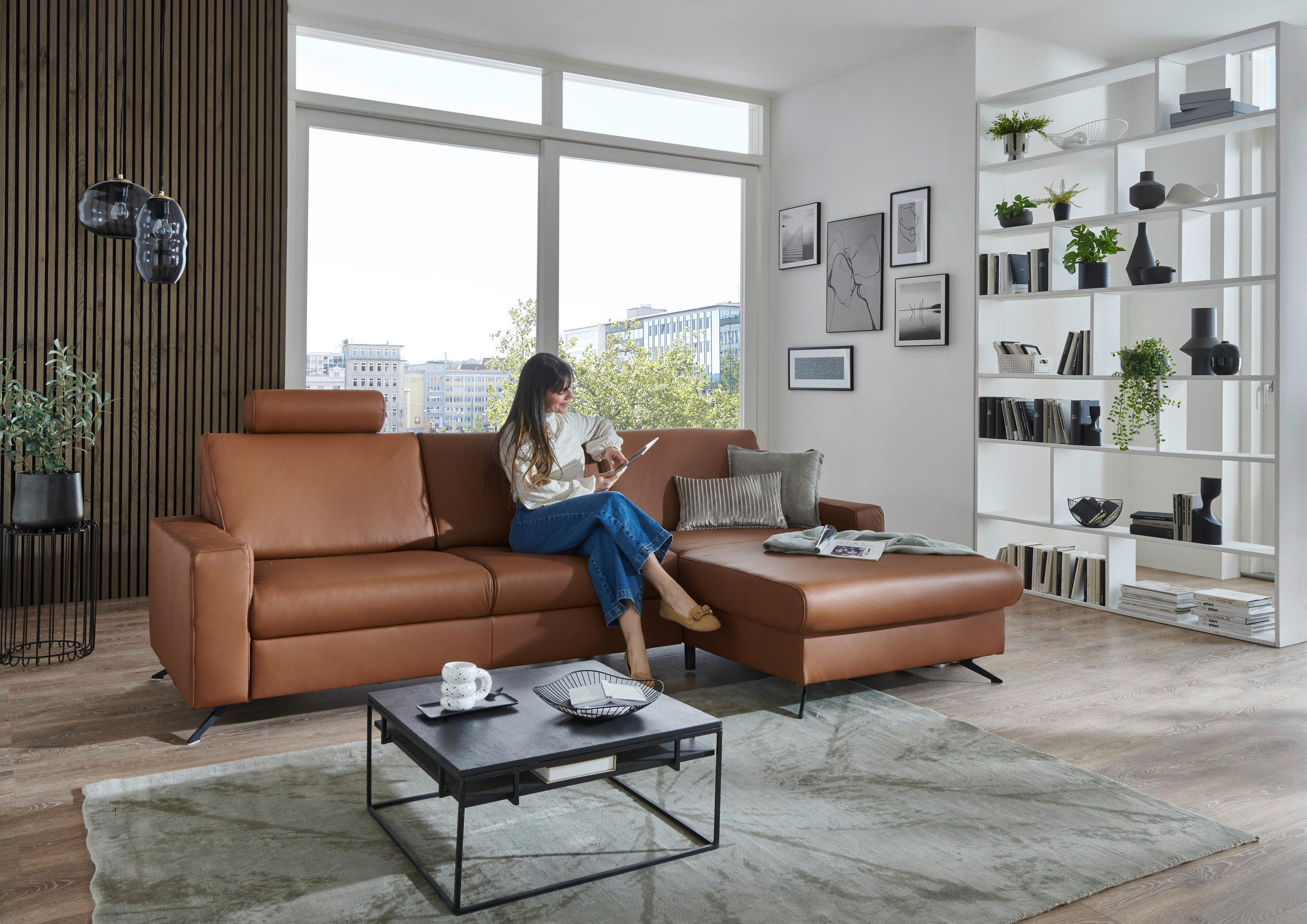 ECKSOFA in Echtleder Cognac  - Cognac/Schwarz, Design, Leder/Metall (267/165cm) - Lomoco