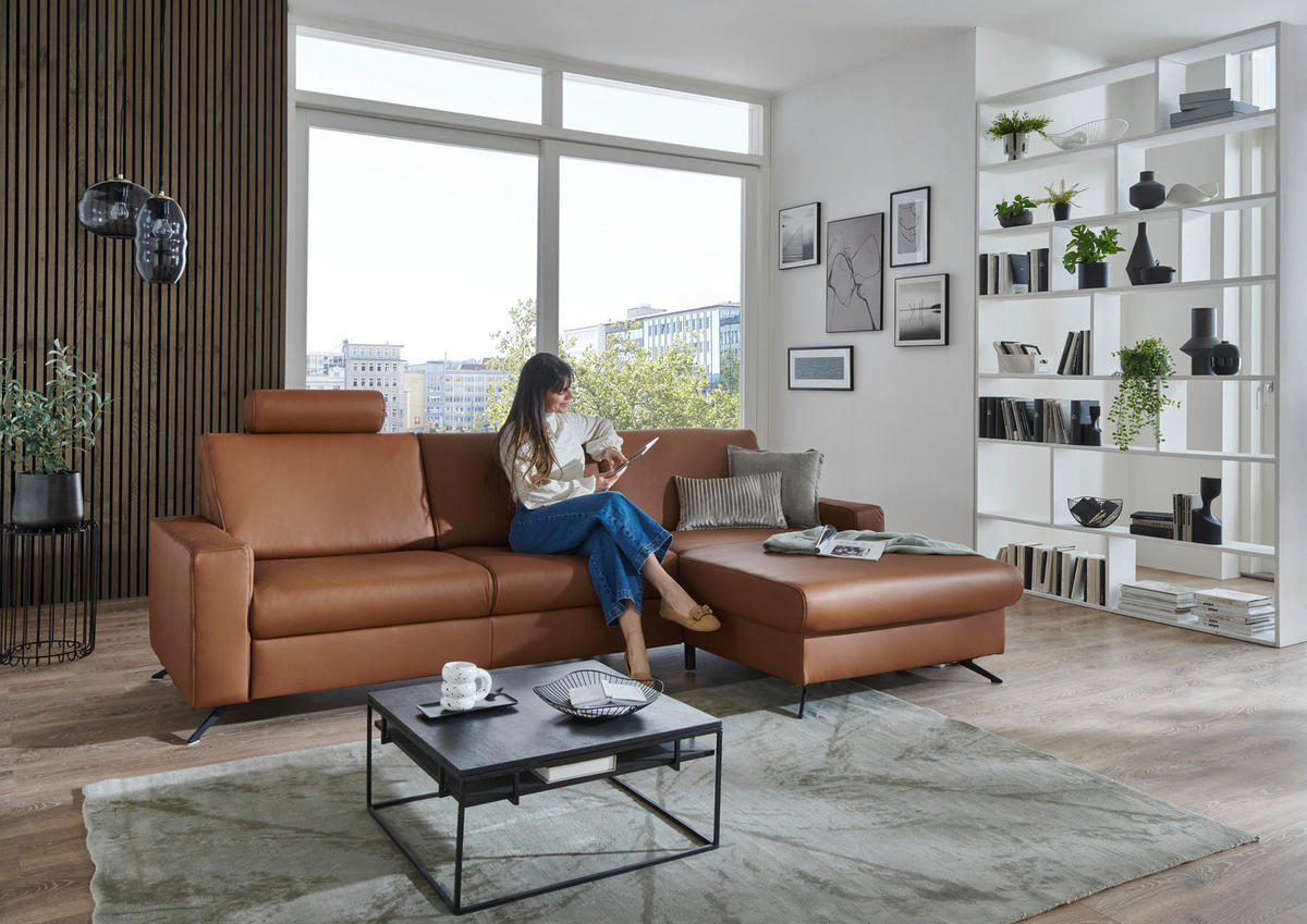 ECKSOFA in Echtleder Cognac  - Cognac/Schwarz, Design, Leder/Metall (267/165cm) - Lomoco