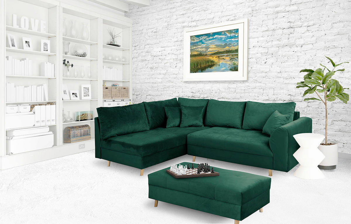 ECKSOFA inkl. Hocker Ariella in Samt Grün  161/231 cm  - Naturfarben/Grün, Design, Holz/Textil (161/231cm) - Livetastic