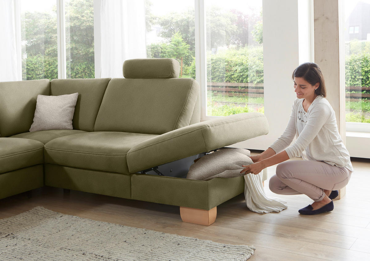 ECKSOFA in Mikrofaser Hellgrün  - Wildeiche/Beige, Natur, Holz/Textil (286/236cm) - Voleo