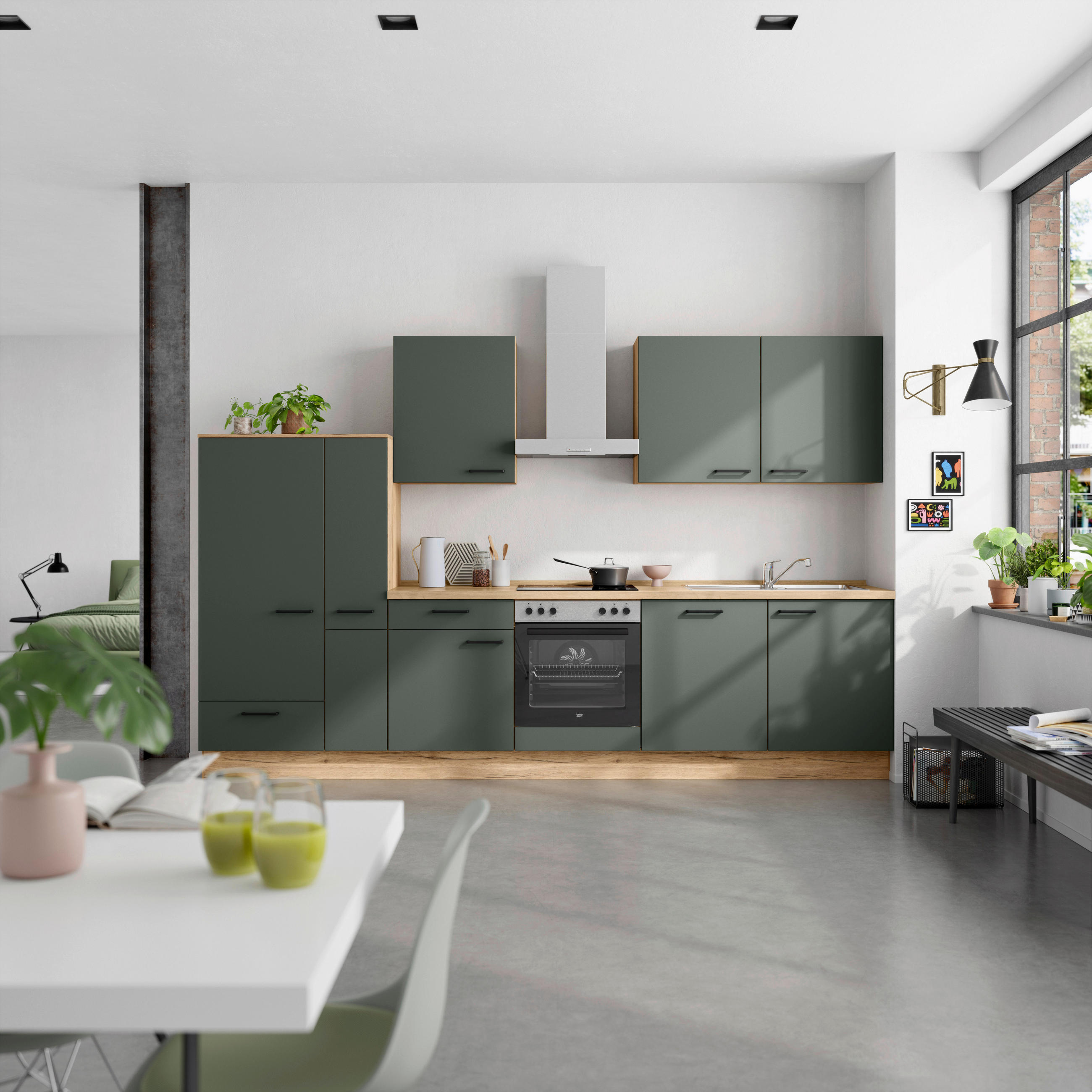 KÜCHENBLOCK 330 cm   in Eichefarben, Dunkelgrün  - Dunkelgrün/Eichefarben, MODERN, Holzwerkstoff/Metall (330cm) - Nobilia