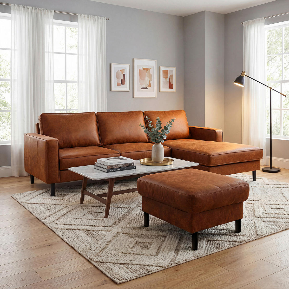 HOCKER Lederlook Echtleder Cognac  - Cognac, Design, Leder/Textil (70/48/60cm) - Livetastic