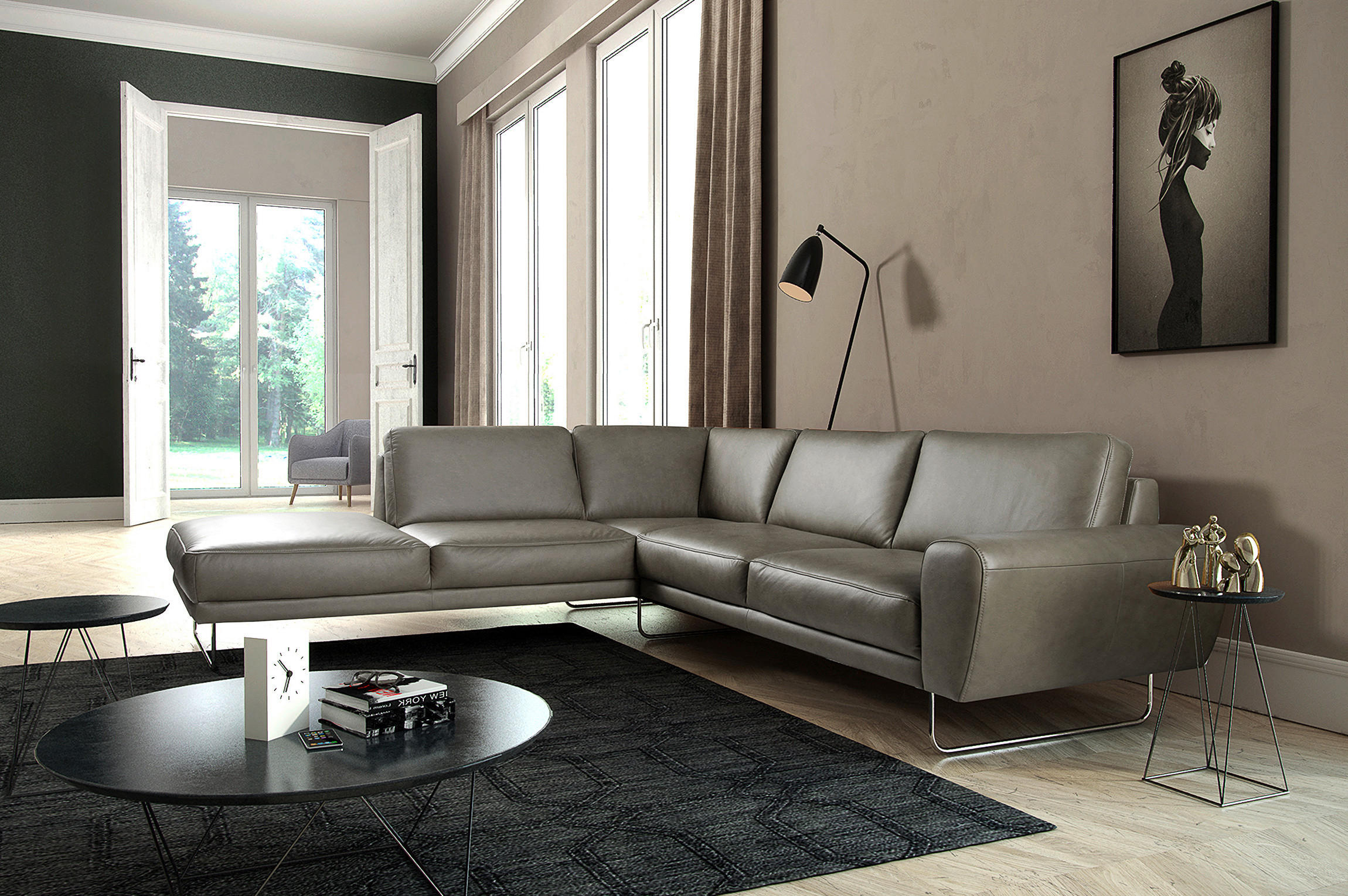 ECKSOFA in Echtleder Grau  - Chromfarben/Grau, Design, Leder/Metall (250/273cm) - Livetastic