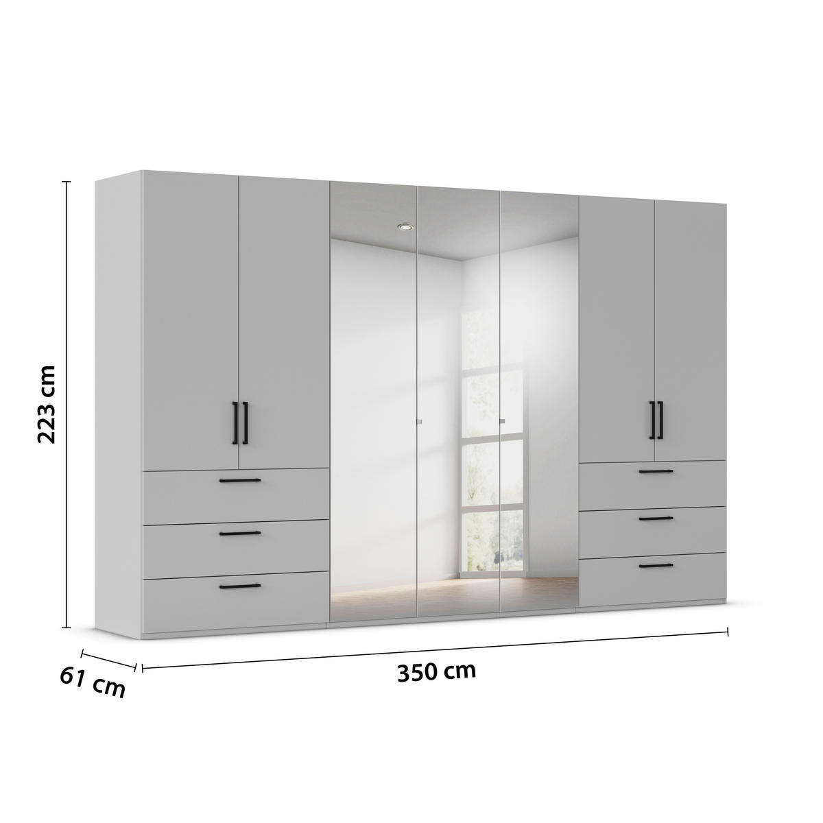 DREHTÜRENSCHRANK 350/223/61 cm,  in Graphitfarben, 7-türig  - Chromfarben/Schwarz, Basics, Glas/Holzwerkstoff (350/223/61cm) - Novel