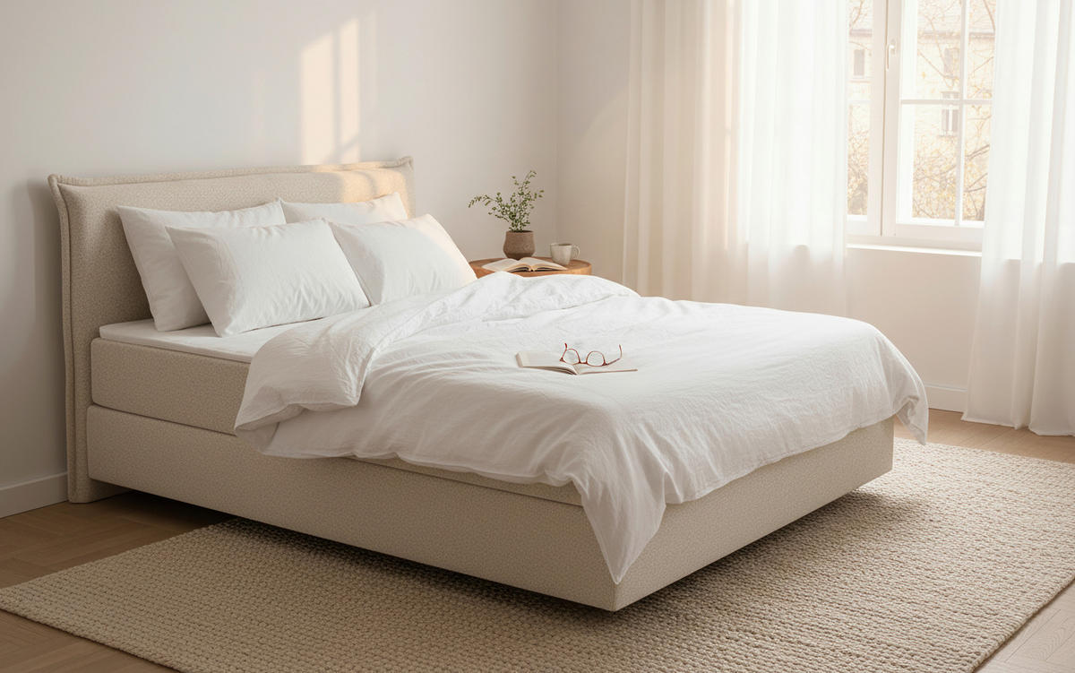 BOXSPRINGBETT 140/200 cm,  in Beige, Matratze, gepolstertes Kopfteil, Topper, H3 + H3 = fest  - Beige/Schwarz, Trend, Textil (140/200cm) - Chameo