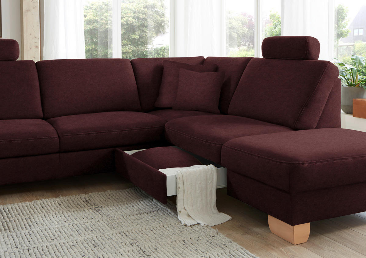 ECKSOFA in Mikrofaser Weinrot  - Wildeiche/Beige, Natur, Holz/Textil (286/236cm) - Voleo