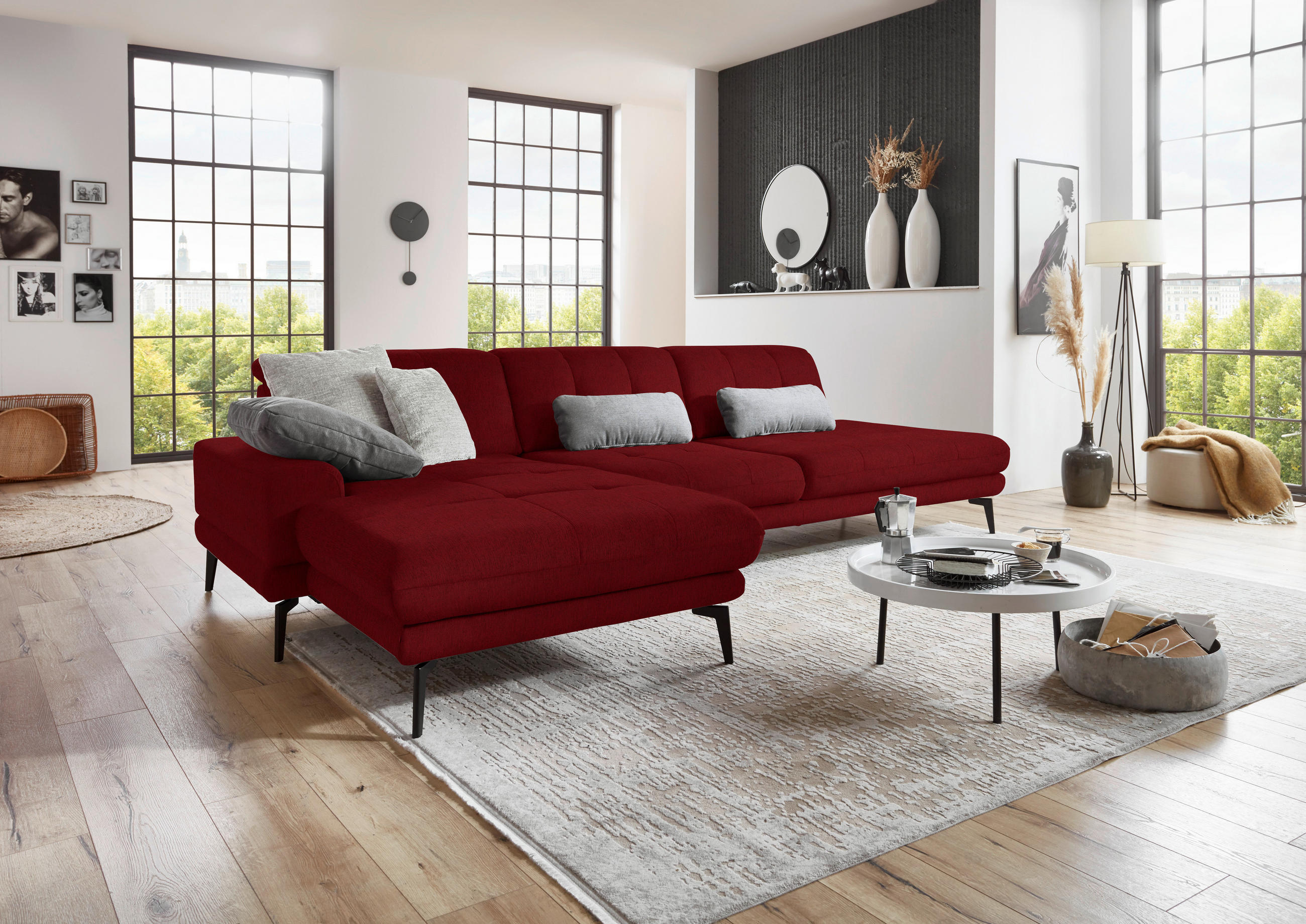 ECKSOFA in Flachgewebe Kirschrot  - Schwarz/Kirschrot, Design, Textil/Metall (190/309cm) - Beldomo Style