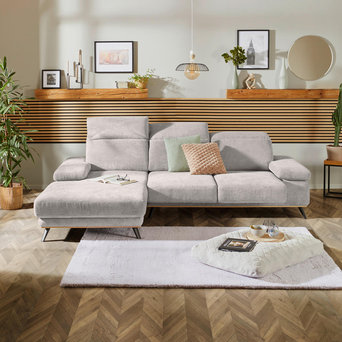 ECKSOFA ROYCE Perlmutt Struktur  - Perlmutt/Schwarz, MODERN, Textil/Metall (194/283cm) - MID.YOU