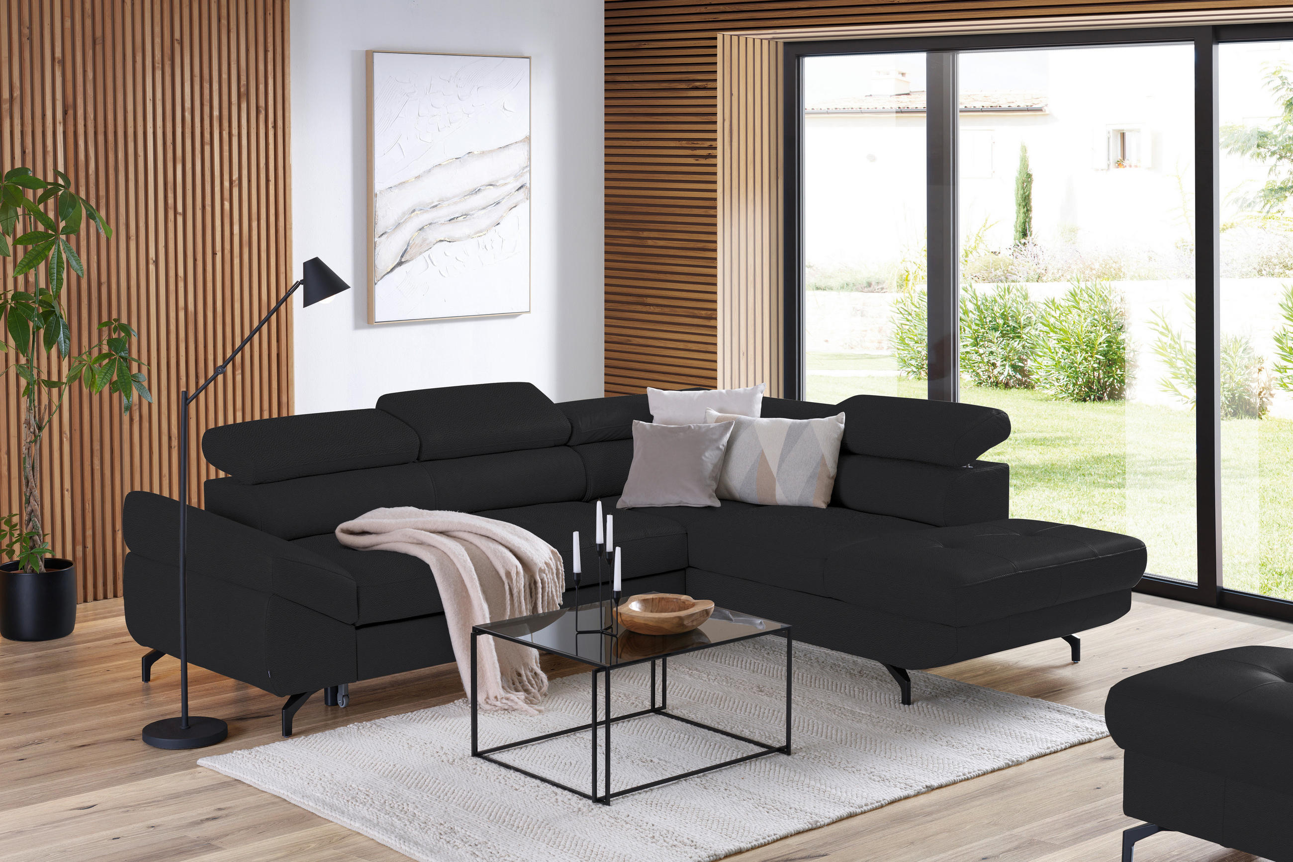 ECKSOFA in Echtleder Schwarz  - Schwarz, Design, Leder/Metall (270/220cm) - Novel