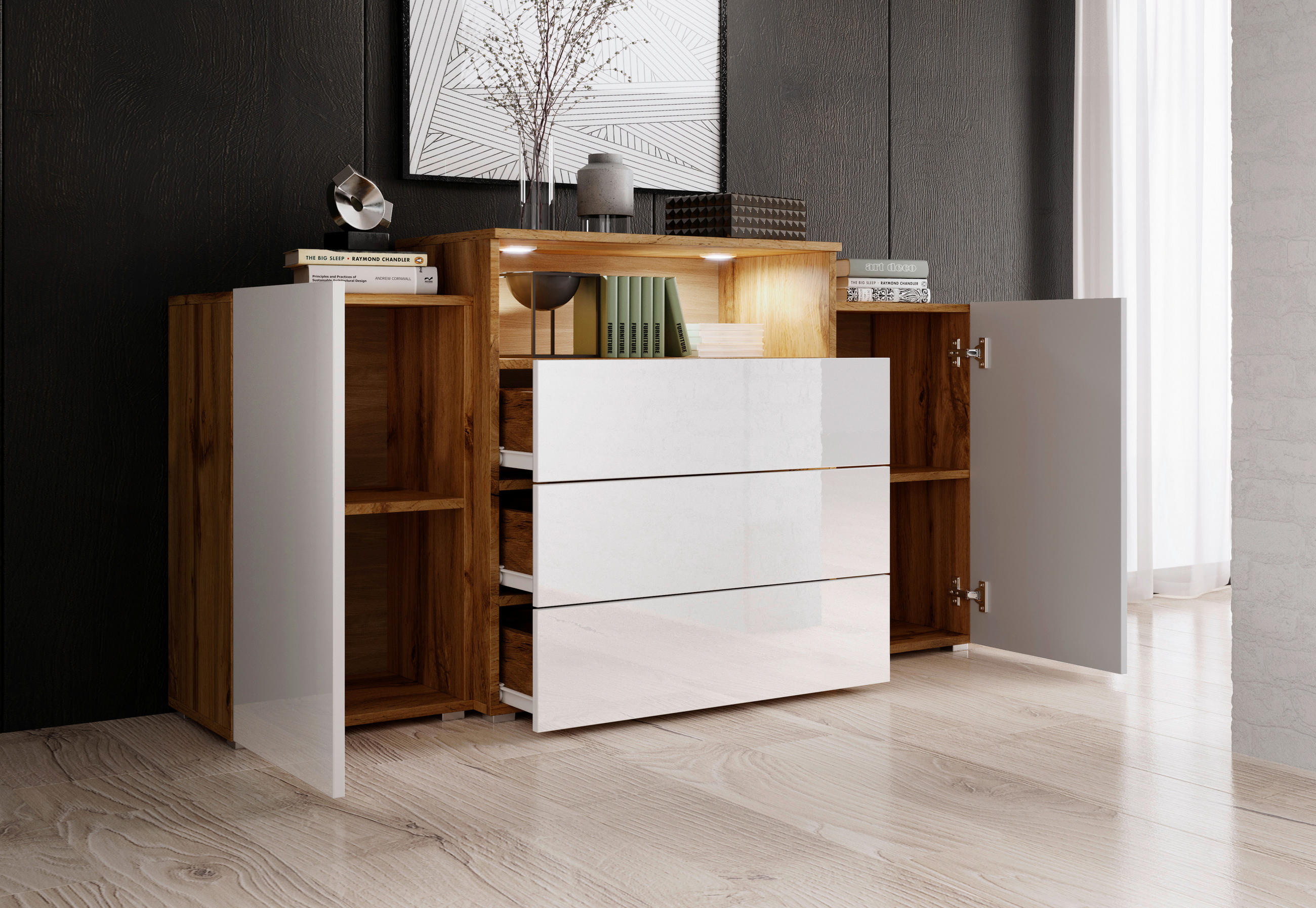 Thumbnail - P & B Sideboard Urban, Eiche Wotan, Weiß Hochglanz, Holzwerkstoff, 2 Fächer, 3 Schublade(n) Schubladen, 150x68.7x32.5 cm...