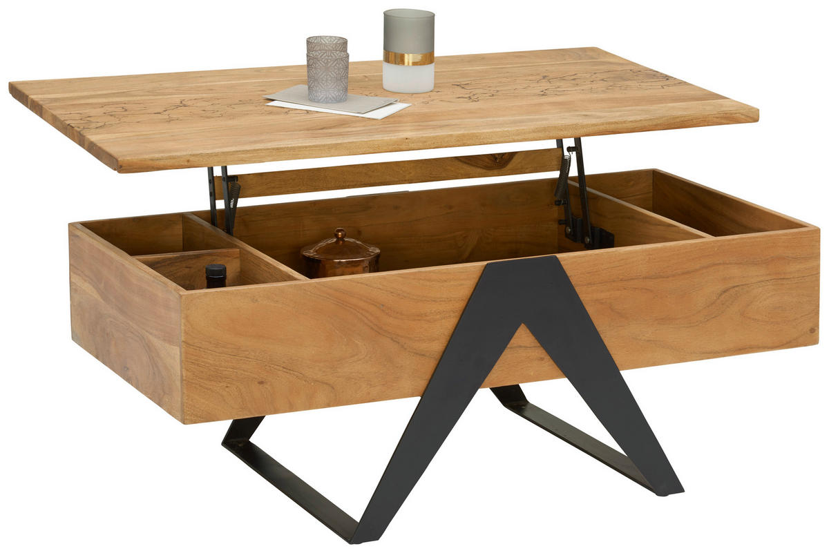 COUCHTISCH Akazie massiv 115/60/45(59) cm rechteckig Schwarz, Akaziefarben  - Schwarz/Akaziefarben, MODERN, Holz/Metall (115/60/45(59)cm) - Livetastic