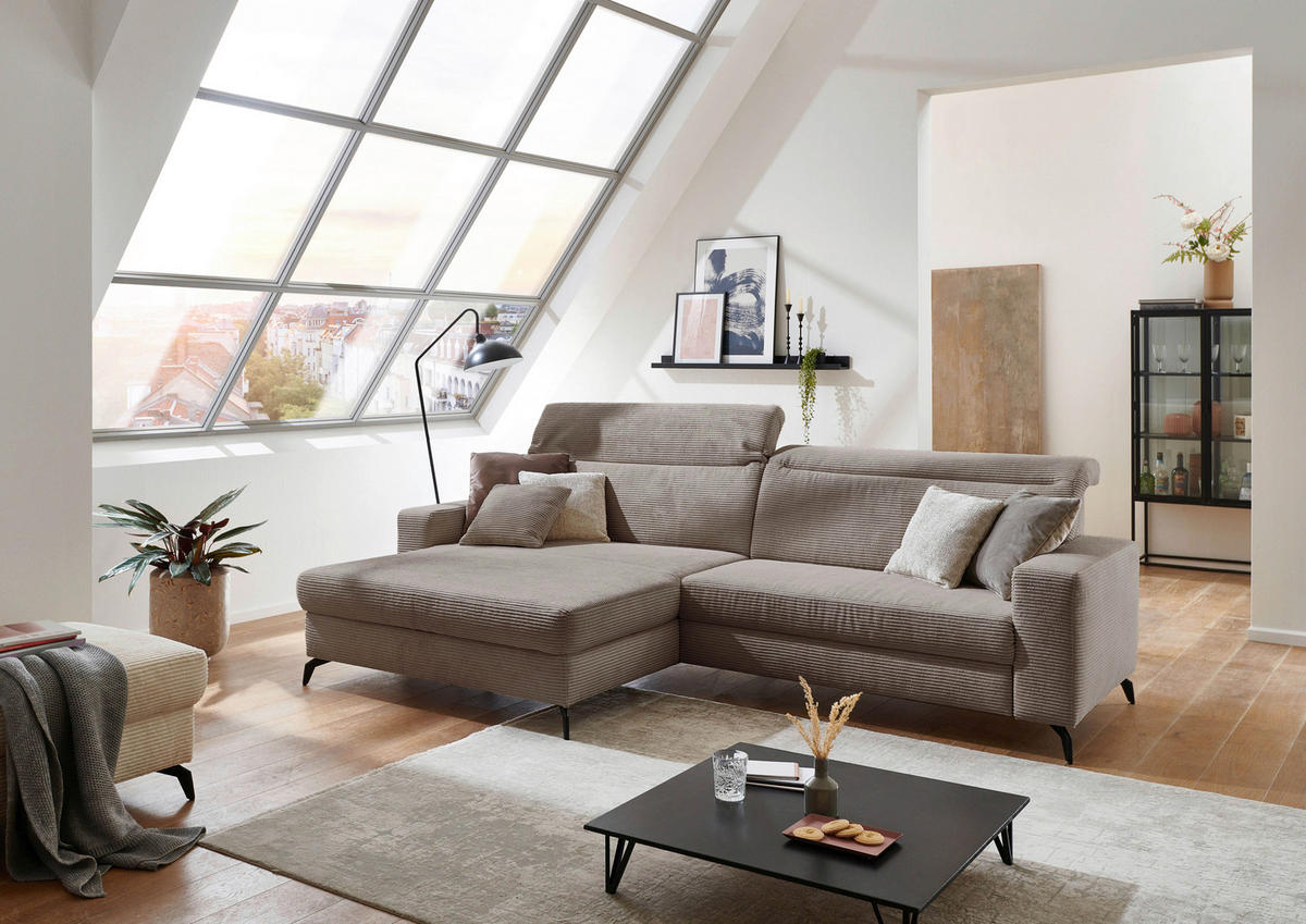 ECKSOFA inkl. Funktion Taupe Cord  - Taupe/Schwarz, KONVENTIONELL, Textil/Metall (178/290cm) - Cantus