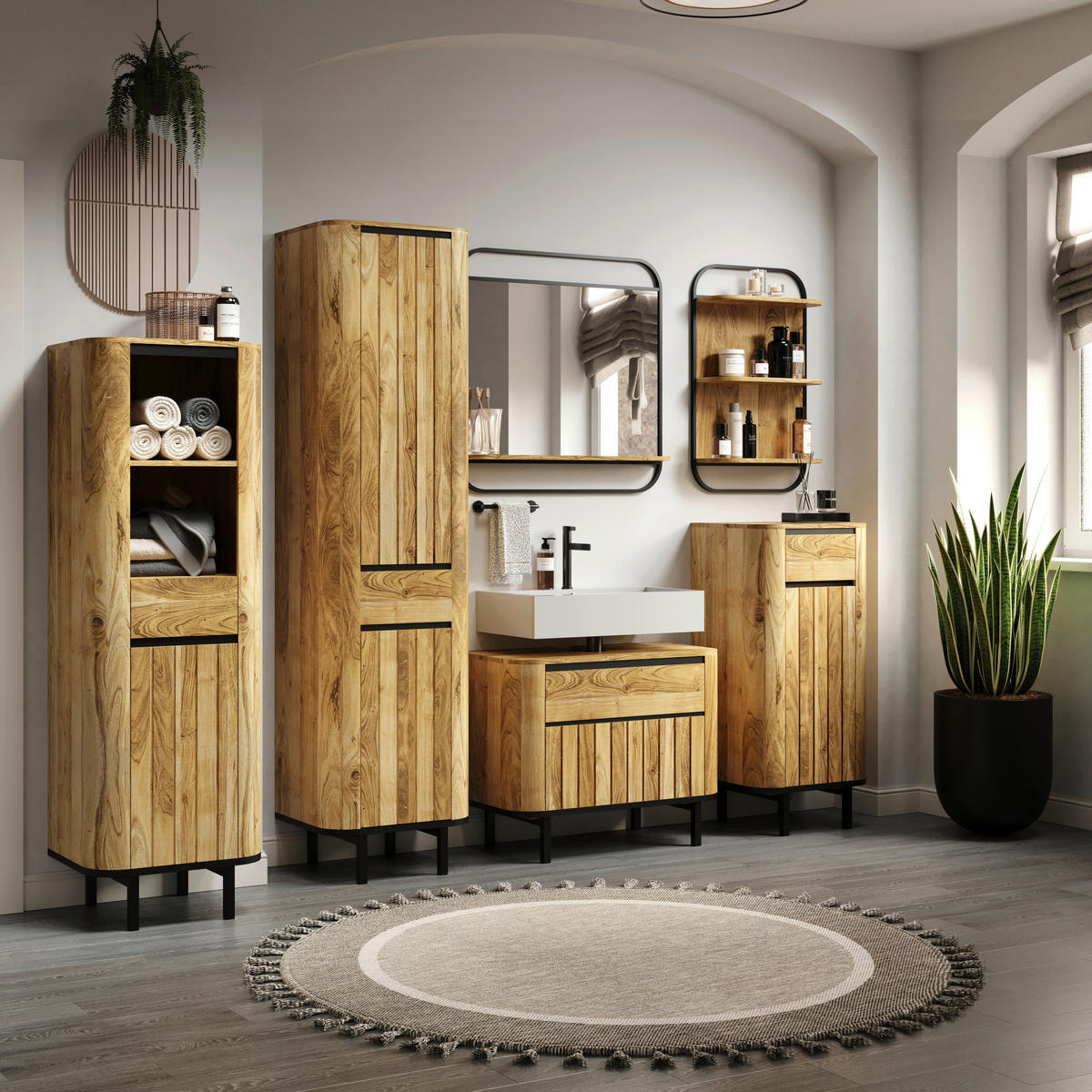 REGÁL DO KÚPEĽNE, prírodná farba, čierna, 51/81/20 cm - čierna/prírodná farba, Natur, kov/drevo (51/81/20cm) - Livetastic