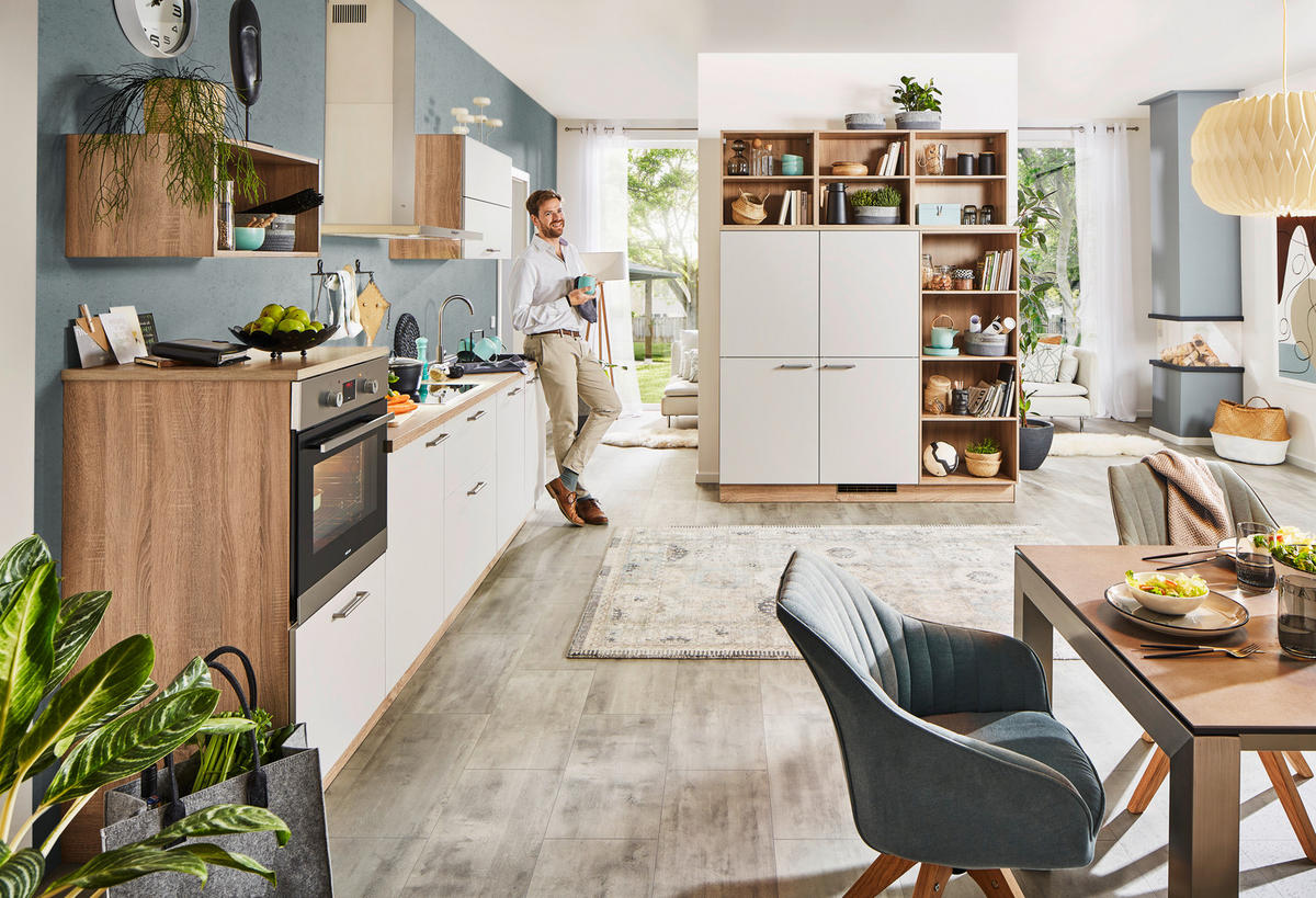 KÜCHENLEERBLOCK  325/180 cm  in Eichefarben, Hellgrau  - Edelstahlfarben/Eichefarben, MODERN, Holzwerkstoff/Metall (325/180cm) - Welnova