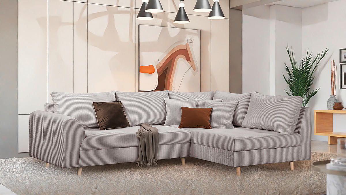 ECKSOFA inkl. Hocker Ariella Grau Cord  - Naturfarben/Grau, Design, Holz/Textil (231/161cm) - Livetastic