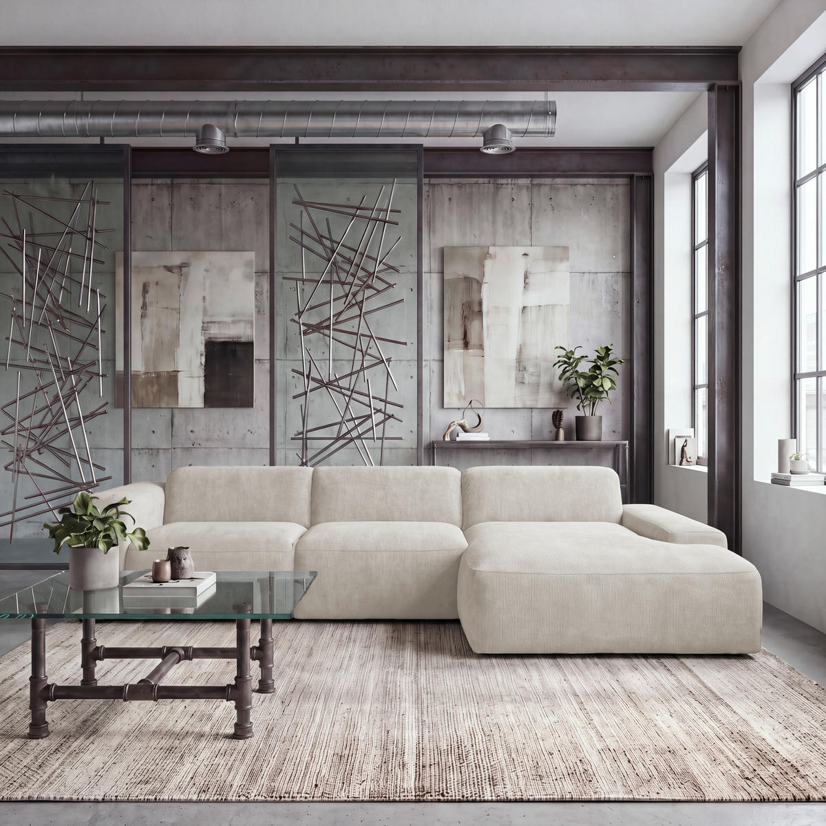ECKSOFA HANNAH Creme Cord  - Creme/Schwarz, Design, Kunststoff/Textil (343/170cm) - MID.YOU