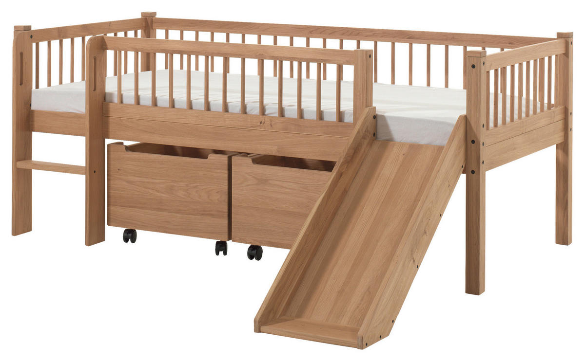 SPIELBETT Absturzsicherung, Leiter, Rutsche, Rollrost, Bettschublade 90/200 cm  in Eichefarben  - Eichefarben/Naturfarben, MODERN, Holz (90/200cm) - MID.YOU