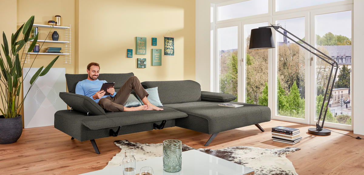 ECKSOFA in Flachgewebe Graubraun  - Anthrazit/Graubraun, Design, Textil/Metall (280/165cm) - Johann Jakob
