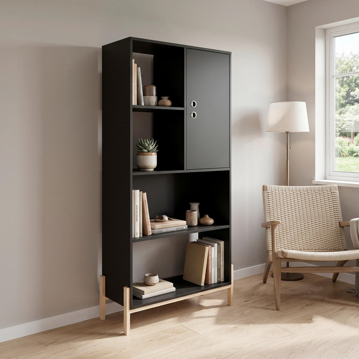REGAL Schwarz  - Schwarz/Naturfarben, Design, Holz/Holzwerkstoff (72,5/154/35,5cm) - Livetastic