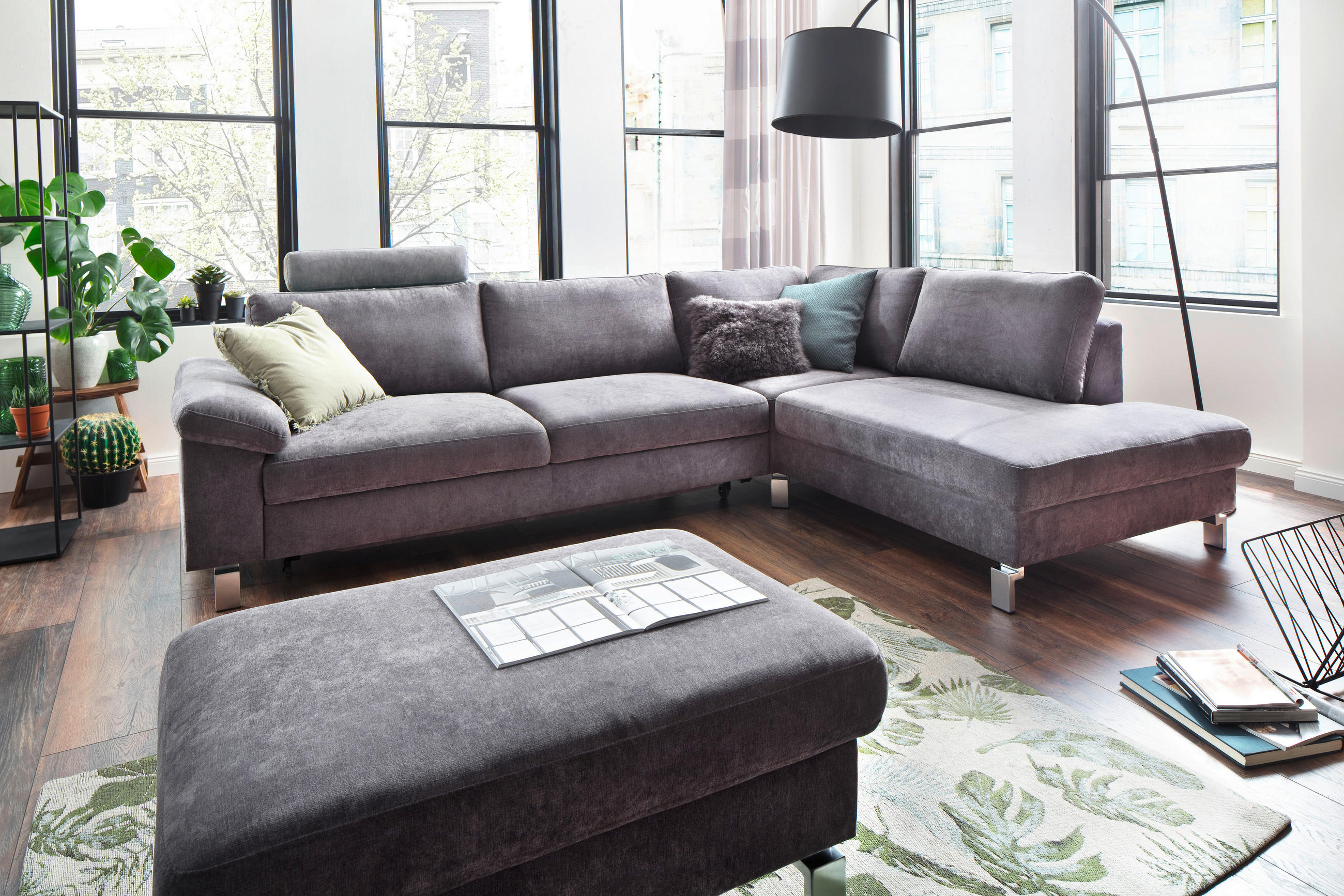 ECKSOFA Grau Velours  - Chromfarben/Grau, Design, Textil/Metall (281/200cm) - Hom`in