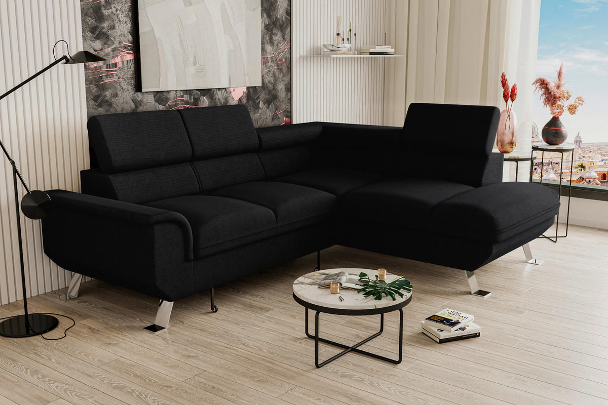 ECKSOFA in Struktur Schwarz  - Silberfarben/Schwarz, Konventionell, Textil/Metall (268/207cm) - MID.YOU