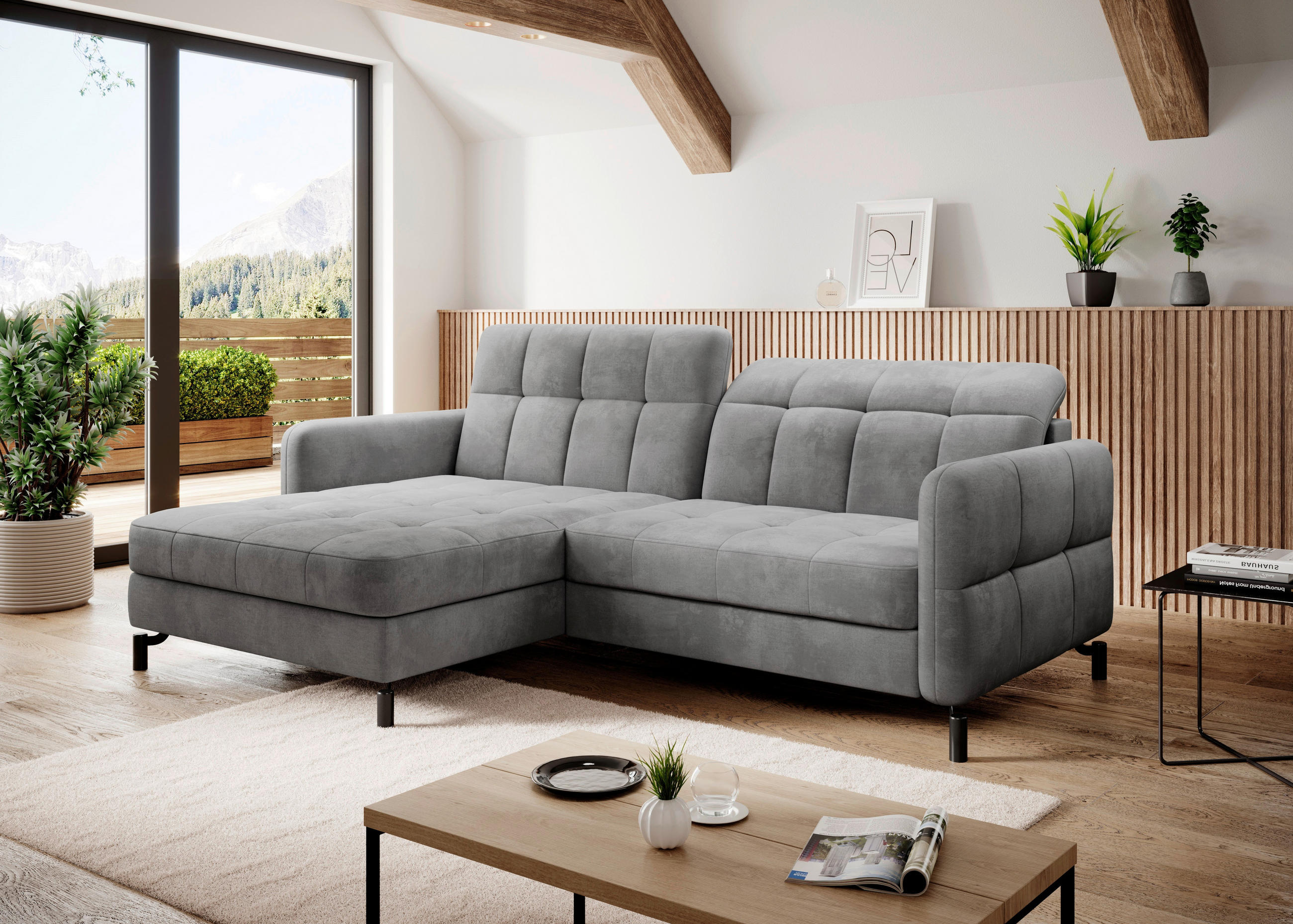 ECKSOFA in Samt Hellgrau  160/225 cm  - Hellgrau, Design, Textil/Metall (160/225cm) - MID.YOU