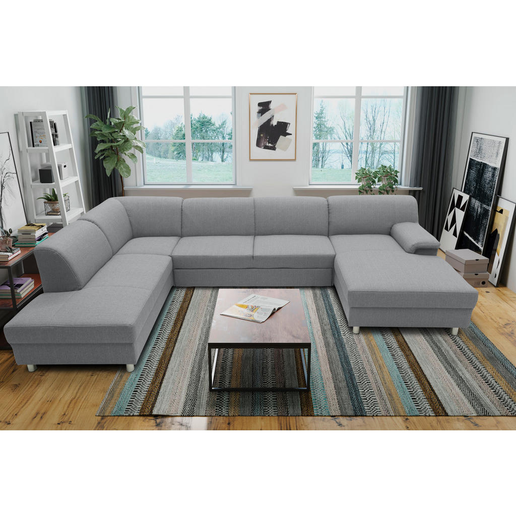Thumbnail - Mid.you Wohnlandschaft, Silber, Textil, Uni, 5-Sitzer, Ottomane links, U-Form, 308x195 cm, Made in EU, Schlafen auf Sitz...
