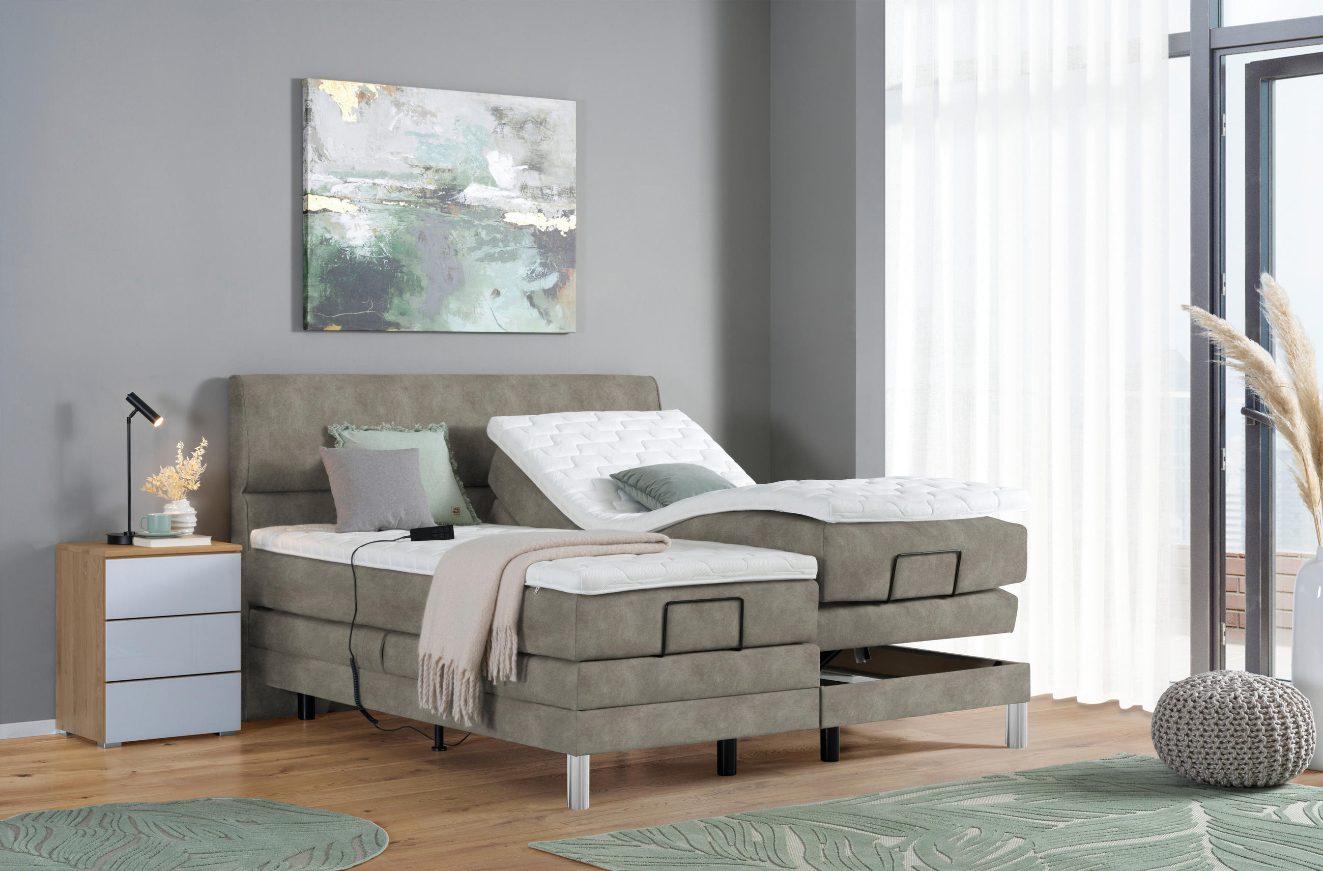 BOXSPRINGBETT 160/200 cm  in Hellgrau  - Chromfarben/Hellgrau, Konventionell, Kunststoff/Textil (160/200cm) - Voleo