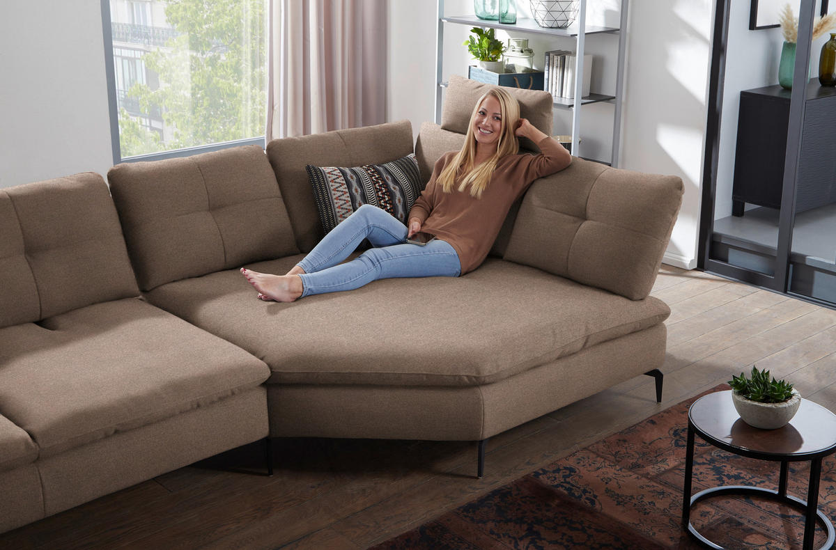 ECKSOFA in Flachgewebe Graubraun  - Graubraun/Schwarz, Design, Textil/Metall (344/157cm) - Chilliano