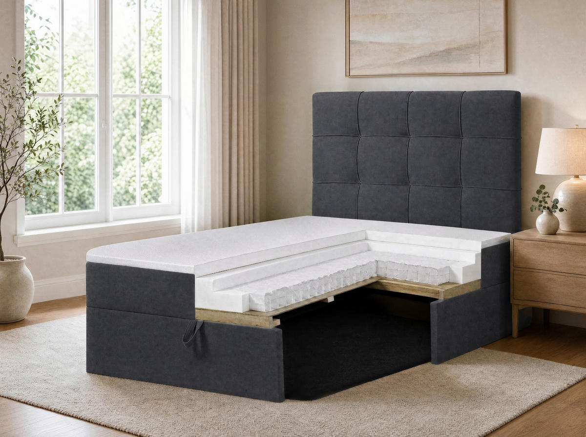 BOXBETT 100/200 cm,  in Anthrazit, Matratze, gepolstertes Kopfteil, Bettkasten, Topper, H3 = fest  - Anthrazit/Schwarz, Basics, Kunststoff/Textil (100/200cm) - Chameo