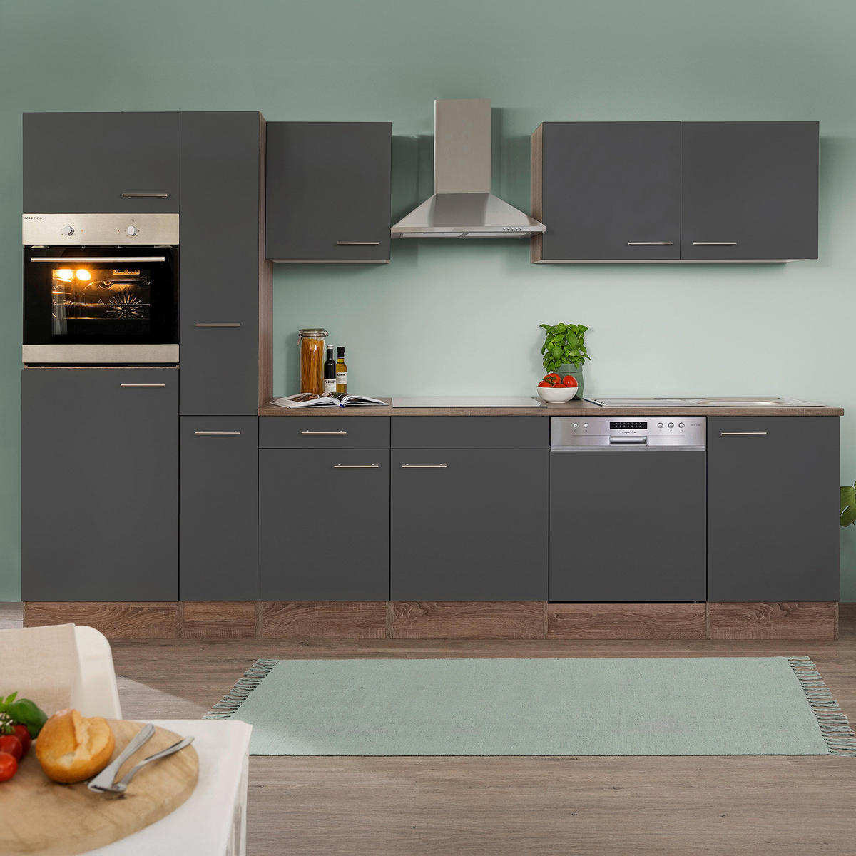 KÜCHENBLOCK 310 cm   in Grau, Eichefarben  - Edelstahlfarben/Eichefarben, Design, Holzwerkstoff (310cm) - Respekta