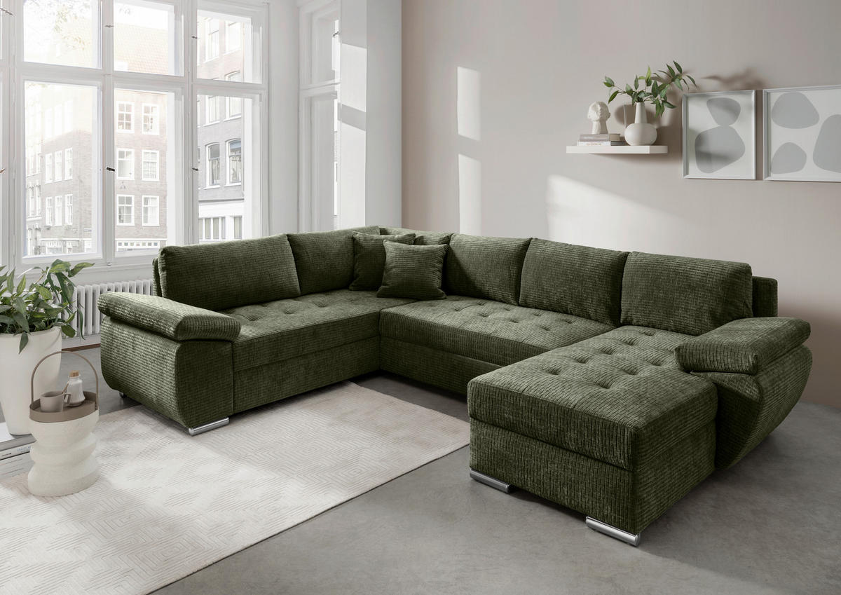 Wohnlandschaft in Mikrofaser Olivgrün  - Chromfarben/Olivgrün, KONVENTIONELL, Textil (219/305/157cm) - Livetastic