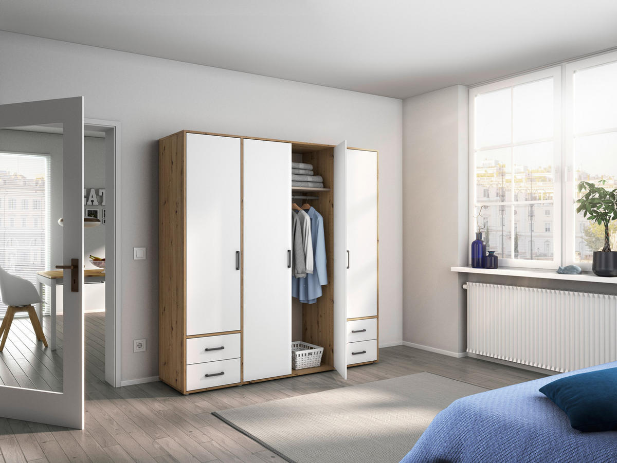DREHTÜRENSCHRANK in Weiss, Eiche Artisan  - Weiss/Eiche Artisan, Modern, Holzwerkstoff/Kunststoff (187/194/53cm) - Rauch Möbel