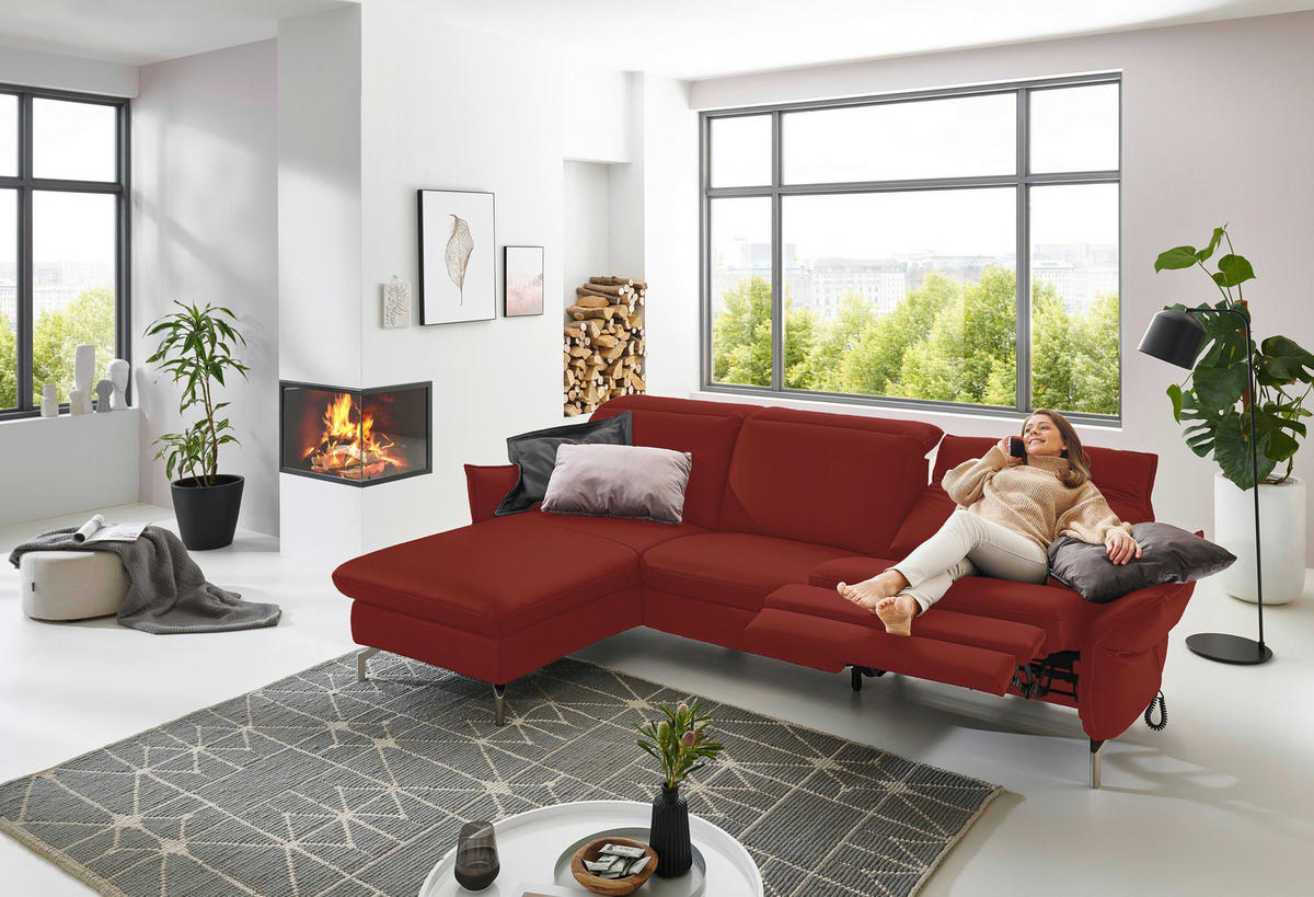 ECKSOFA in Lederlook (vegan) Rot  - Rot/Nickelfarben, Modern, Textil/Metall (179/233cm) - Livetastic