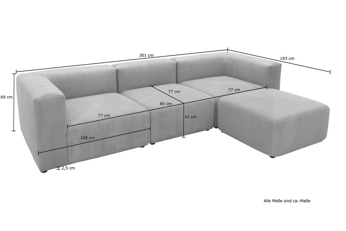 ECKSOFA Creme Cord, Mikrofaser  - Creme/Schwarz, Design, Kunststoff/Textil (301/69/193cm) - MID.YOU