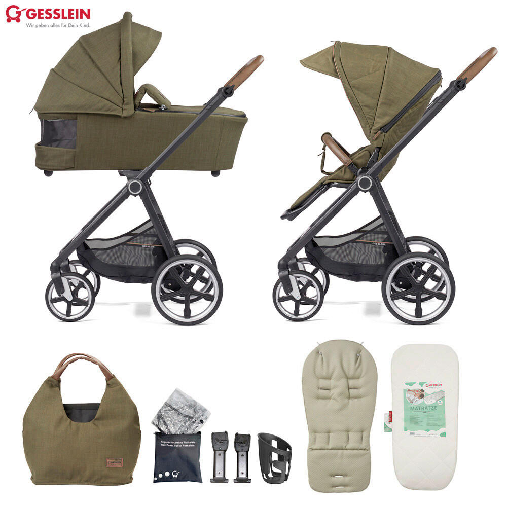 Gesslein Kinderwagenset Fusion Panorama Lyx Set inkl. Wickeltasche Olivgrün 57x129x100 cm