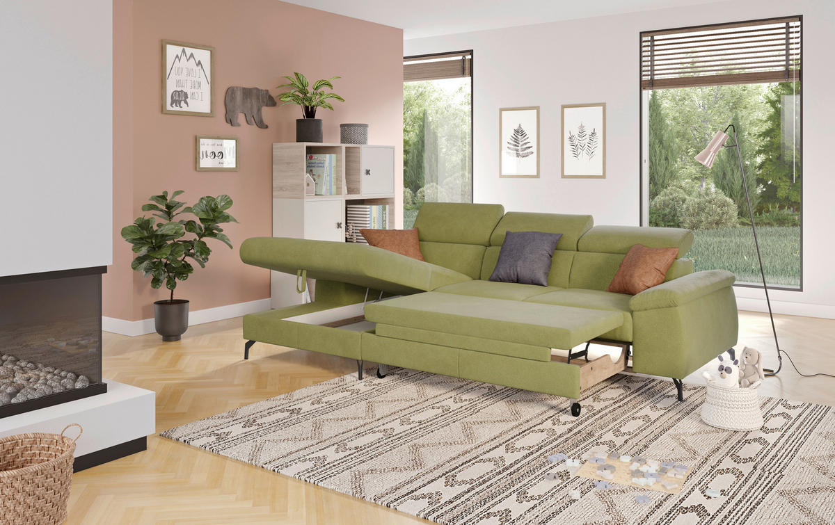 ECKSOFA in Webstoff Grün  - Schwarz/Grün, Design, Textil/Metall (166/244cm) - Livetastic